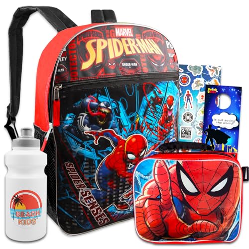 Marvel Studio Spiderman Backpack and Lunch Box Set - 16” Spiderman Backpack for Boys 8-12 Bundle with Spiderman Lunch Box for Boys 8-12, Water Bottle, More