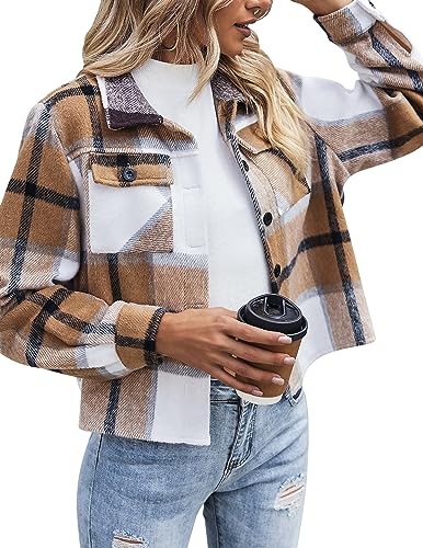 Zeagoo Flannels for Women Cropped Shacket Jacket Plaid Button Long Sleeve Shirt 2023 Fall Halloween Outfits
