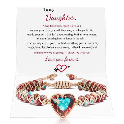 EASYLIU Birthday Gift For Daughter Teen Girls To My Daughter Jasper Heart Bracelet From Mom For Christmas Valentine's Day Graduation Mother Daughter Bracelet Back To Gifts For Daughter Hippie Jewelry