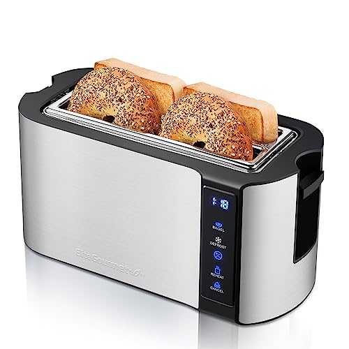 Elite Gourmet ECT5322 Long Slot 4 Slice Toaster, Touch Screen, Countdown Timer, 6 Toast Settings, Bagel, Defrost & Cancel Functions, Warming Rack, Extra Wide Slots for Bagels Waffles, Stainless Steel