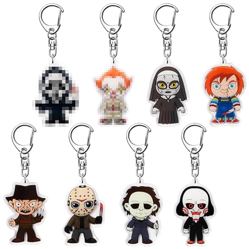 Laffact 8Pcs Christmas Horror Classic Movie Characters Acrylic Keyring Accessories for Keys Wallets Backpack Scary Movies Figure Pendant Hanging Key Chain Decorations with Rotatable Link for Gift
