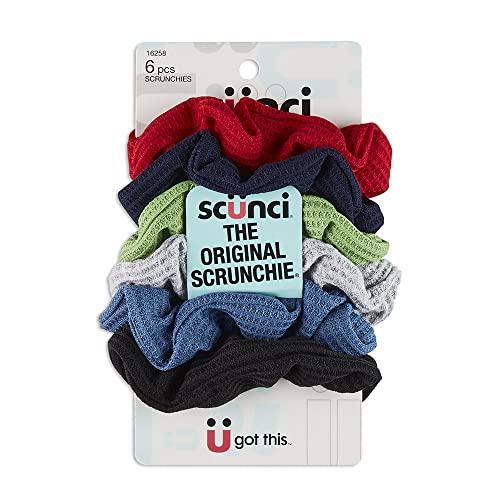 Scunci by Conair The Original Scrunchie Waffle Knit Scrunchies in Navy, White, Red, Blue, Grey and Black, Hair Ties for Women, 6 Count