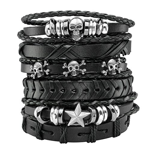 MILAKOO 6Pcs Men Gothic Braided Leather Bracelets Black Punk Rock Skull Retro Bracelet Adjustable