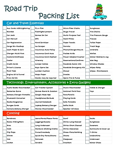Ultimate Road Trip Planner Packing Checklist -Laminated & Double Sided - Never Forget Packing Items