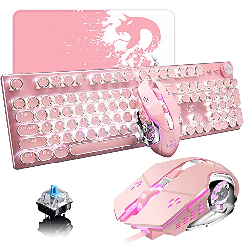 Pink Typewriter Keyboard and Mouse,Retro Vintage Mechanical Gaming Keyboard with White LED Backlit,104 Keys Anti-Ghosting Blue Switch Wired Cute Keyboard,Round Keycaps for Desktop PC/Laptop Mac