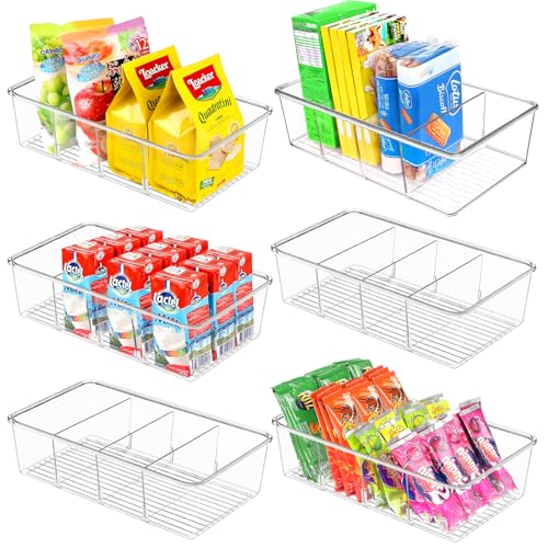 ZIZOTI 6 Pack Food Storage Organizer Bins Clear Plastic Removable Snack Organizer Pantry Organization Storage Racks with 3 Dividers, Kitchen, Cabinets Snacks, Packets, Spices, Pouches Stackable Bins