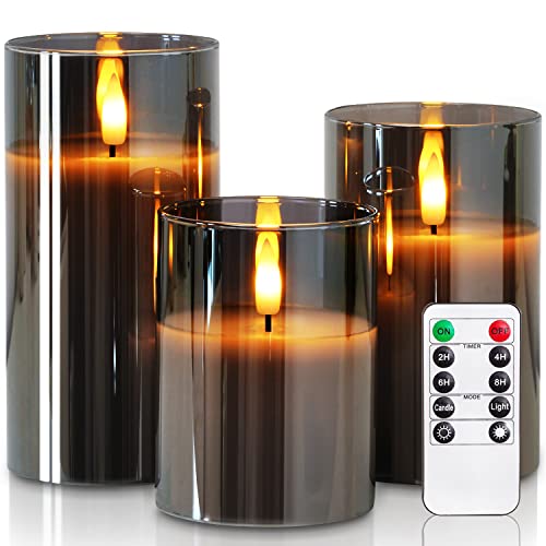 Homemory Grey Glass Flameless Candles, Battery Operated LED Pillar Candles with Remote Control and Timer, Radiance Candles, Real Wax, Set of 3,D3 xH4 5' 6'