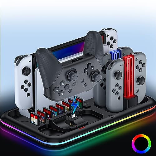 Switch Controller Charger for Nintendo Switch & OLED Joycon Charging Dock, Switch Organizer Station with RGB Lights for TV Dock, Pro Controller, 4 Joy-Cons, 2 Extended USB-C, 8 Game Slots