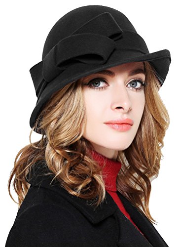 Bellady Women Solid Color Winter Hat 100 percent Wool Cloche Bucket with Bow Accent,Black, One Size