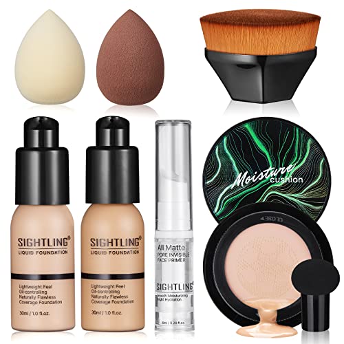 SIGHTLING 30ml Foundation Liquid Full Coverage 24HR Matte Oil Control Concealer (Nude & Buff Beige) with Face Primer & Air Cushion CC Cream Mushroom Head Foundation & Makeup Brush & Makeup Sponges