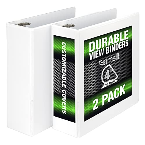 Samsill Durable 4 Inch Binder, Made in the USA, Locking D Ring Customizable Clear View Binder, White, 2 Pack, Each Holds 775 Pages