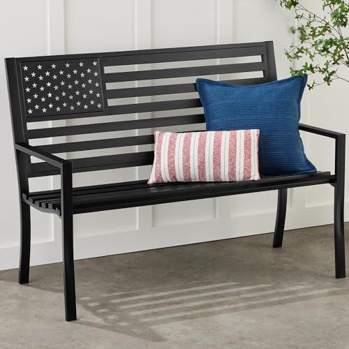 Best Choice Products Outdoor Bench 2-Person Steel Indoor/Outdoor Bench for Garden, Patio, Porch, Entryway w/American Flag, 790lb Capacity – Black