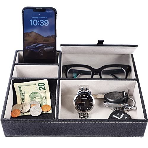 Zcaukya Men's Valet Tray, Jewelry Box Nightstand Organizer with 5 Compartments for Phone Keys Wallet Watch Glasses (1 Pack - Black)
