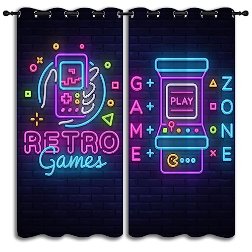 Neon Art Retro Game and Arcade Game Grommet Blackout Curtains for Boy Girl Bedroom,Video Gaming Gamepad and Wall Background Energy Efficient Window Drapes for Living Room Noise Reducing, 84x72in