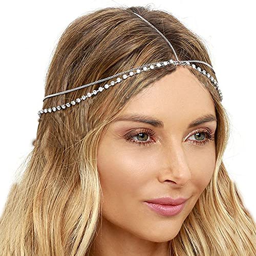 NAISKA Rhinestone Head Chains Boho Fashion Layered Headpieces Sparking Headband Festival Prom Party Jewelry for Women and Girls(Gold)