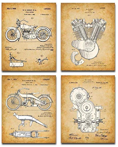 Original Harley Davidson Motorcycle Patent Wall Art Prints - Set of Four Photos (8x10) Unframed Posters - Great Home Decor and Gift for Men and Women Under $15 for Hog Riders