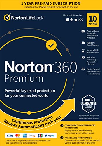 Norton 360 Premium, 2024 Ready, Antivirus software for 10 Devices with Auto Renewal - Includes VPN, PC Cloud Backup & Dark Web Monitoring [Key card]