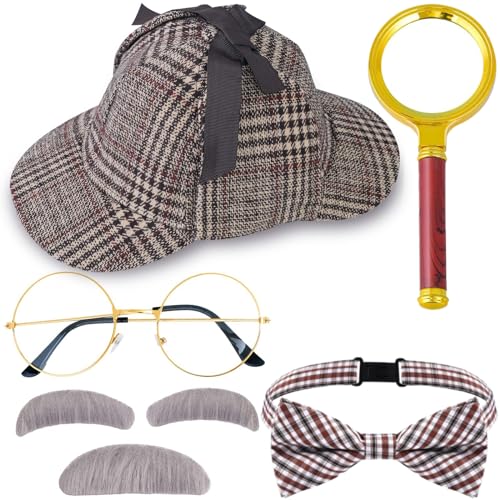 100 Days of School Old Man Costume for Kids Detective Costume Include Detective Hat Old Men Glasses Mustache Eyebrows Magnifier and Bowtie for Grandpa Dress Up (Style1)