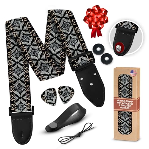 Guitar Strap Premium Padded For Electric, Acoustic, and Bass. Adjustable Unique Design Guitar Straps Includes 2 Strap Locks To Keep Your Guitar Safe - Discover Durability Comfort and Style - Golden