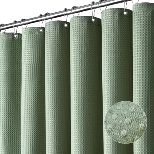 Dynamene Sage Green Shower Curtain - Waffle Textured Heavy Duty Thick Fabric Shower Curtains for Bathroom, 256GSM Luxury Weighted Polyester Cloth Bath Curtain Set with 12 Plastic Hooks，72Wx72H,Green
