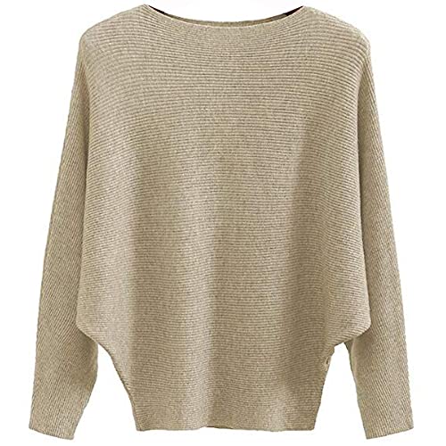 Ckikiou Women Lightweight Oversized Sweaters Tops Batwing Boatneck Knit Pullovers Khaki