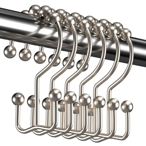 Titanker Shower Curtain Hooks Rings, Rust Resistant Metal Double Glide Shower Hooks Rings for Bathroom Shower Rods Curtains, Set of 12 Hooks - Nickel