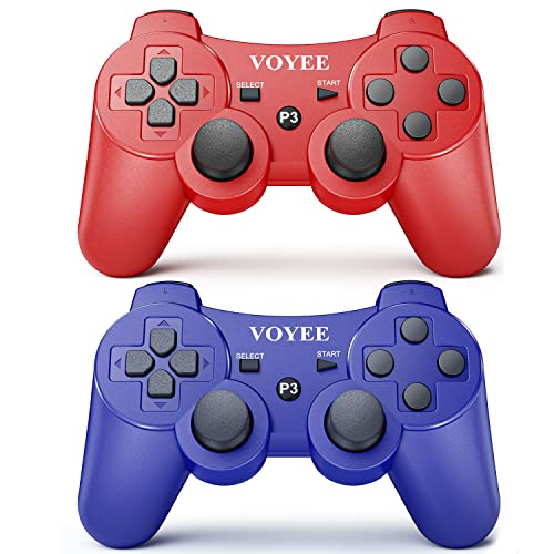 VOYEE Wireless Controller Compatible with Playstation 3, 2 Pack PS-3 Controller with Upgraded Joystick/Rechargerable Battery/Motion Control/Double Shock (Blue Red)