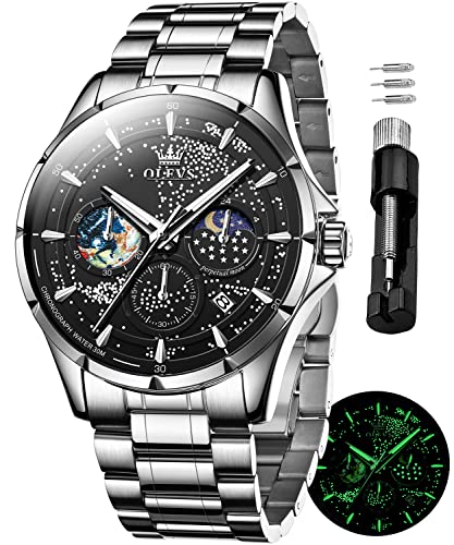 OLEVS Mens Watches Black Starry Sky Moon Phase Dial Luxury Business Dress Analog Quartz Classic Casual Date Stainless Steel Wrist Watches Waterproof Luminous
