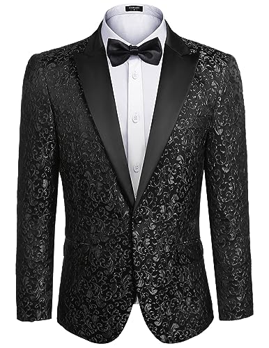 COOFANDY Men's Floral Party Dress Suit Stylish Dinner Jacket Wedding Blazer One Button Tuxdeo Black US XXL