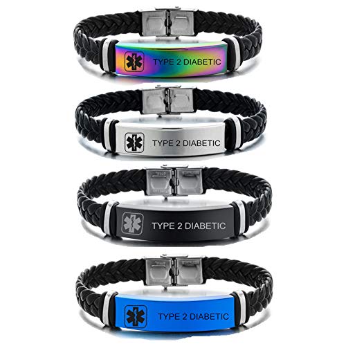 N+A Type 2 Diabetic Medical Jewelry Set for Men Women,4Pcs Stainless Steel Braided Leather ID Bracelets Set Health Alert Monitoring Systems,4 Packs, ZHN-ALD1G2017620-4pcs-TYPE 2