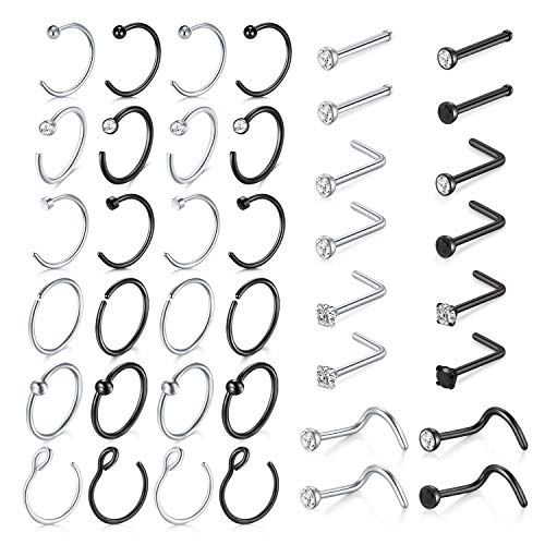 MODRSA Nose Rings Hoop 18g Septum Ring L Shape Nose Studs Screw Surgical Stainless Steel Thin Cartilage Helix Tragus Earrings Hoops C Shape High Nostril Piercing Jewelry Pack Silver Black