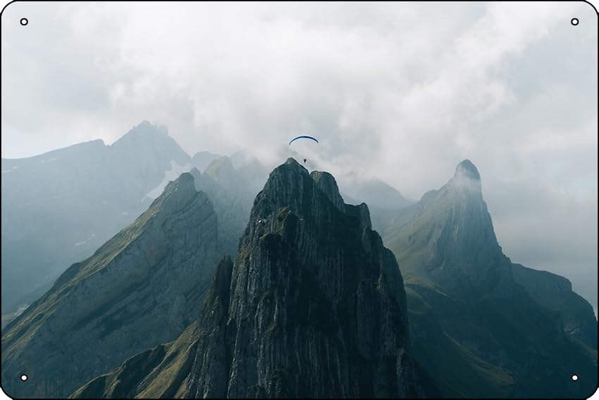 Flying Mountain Explorer - Landscape Photography Poster Metal Tin Sign 12 X 8 Inch Funny Man Cave Home Office Bar Decor