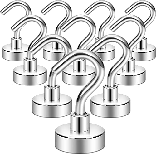 Neosmuk Magnetic Hooks,30lb Heavy Duty Earth Magnets with Hook for Refrigerator, Extra Strong Cruise Hook for Hanging, Magnetic Hanger for Cabins, Grill (Silver White, Pack of 10)