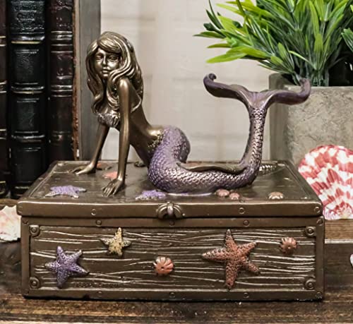 Ebros Gift Bronzed Resin Damsel Mermaid Ariel Resting On Starfish Corals Treasure Chest Decorative Jewelry Box Figurine 5' L Coastal Reef Marine Decoration Trinket