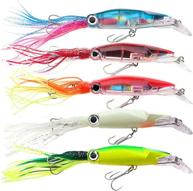 Zsrivk 5pcs Squid Fishing Lures Plastic Fishing Lures Luminous Lure with 3D Holographic Eyes, Squid Saltwater Lifelike Hard Baits Kit for Saltwater Ocean Fishing