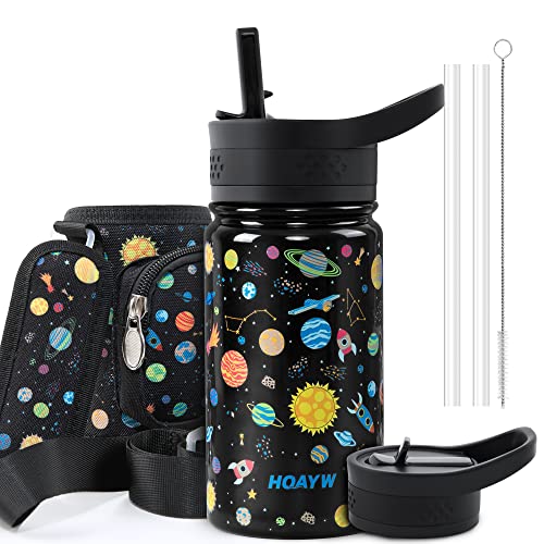 HQAYW Boys Water Bottle, Kids Water Bottle for School Stainless Steel, No Leak Vacuum Insulated Water Bottles Double Wall Keep Cold 24 Hours, Kids Travel Cup with With Strap Sleeve, 14 oz, Space