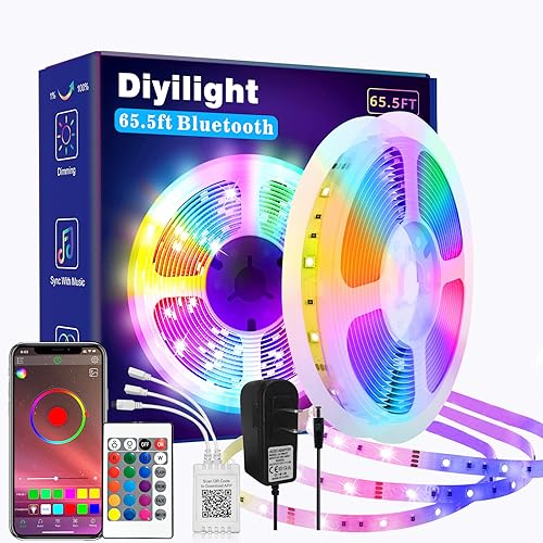 Diyilight 65.6ft Led Strip Lights 24V Smart Light Strips with App Control and Remote, 5050 RGB Led Lights for Bedroom, Music Sync Color Changing Lights for Room Party