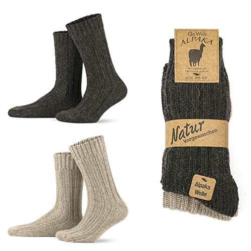 GoWith 1-2 Pairs Unisex Alpaca Wool Socks, Thermal Warm Cozy Merino Wool Socks, Heated Fuzzy Winter Boot Socks, Beige/Brown - 2 Pairs, 7.5-9.5