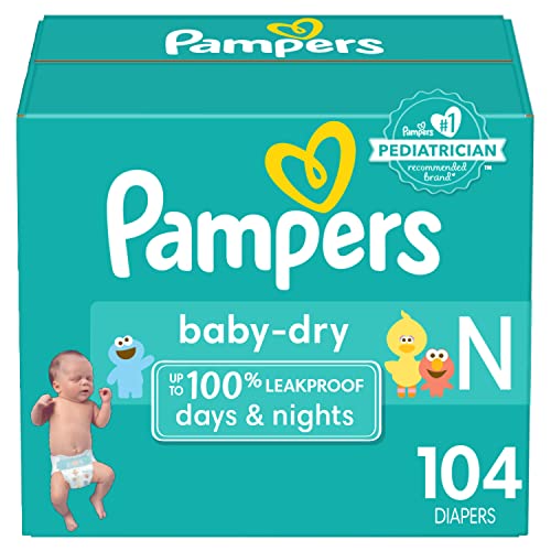 Pampers Baby Dry Diapers Newborn - Size 0, 104 Count, Absorbent Disposable Diapers