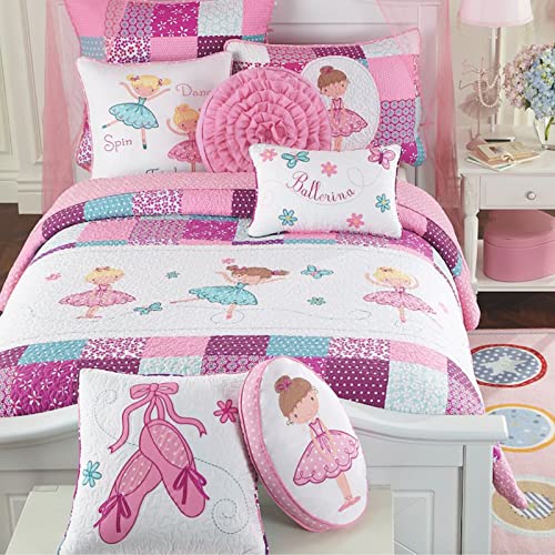 Cozy Line Home Fashions Ballerina Dance Princess Girl 100% Cotton Reversible Bedding Quilt Set, Bedspread Coverlet for All Seasons (Pink Embroidered, Queen - 8 Piece)