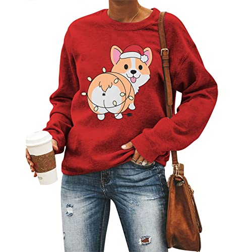 LUKYCILD Christmas Corgi Sweatshirt Women Corgi Mom Sweater Fashion Leisure Christmas Party Printed Long Sleeve Pullover Top Red