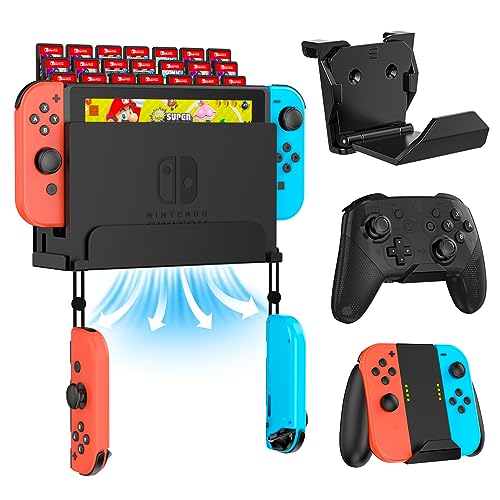 KUNSLUCK Wall Mount for Nintendo Switch/ Switch OLED with 2 Controller Wall Mount and 28 Game Card Holders, Safely Store Your Switch Console Near or Behind Your TV (Black)