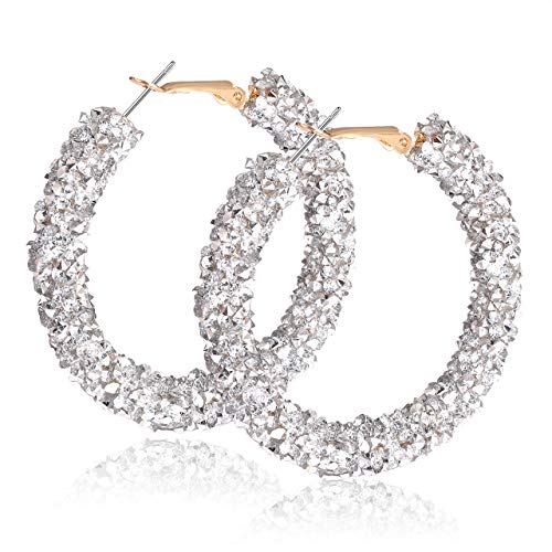 NLCAC Glitter Hoop Earrings Bohemian Sparkle Resin Rhinestone Wrapped Hoop Dangle Earrings for Women Girls (C-silver)