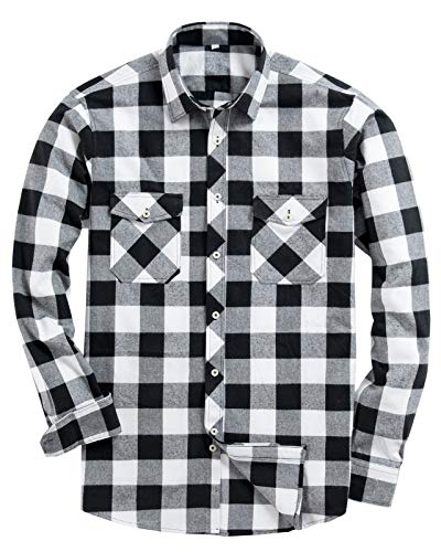 Alimens & Gentle Men's Button Down Regular Fit Long Sleeve Plaid Flannel Casual Shirts Color: White, Size: Large
