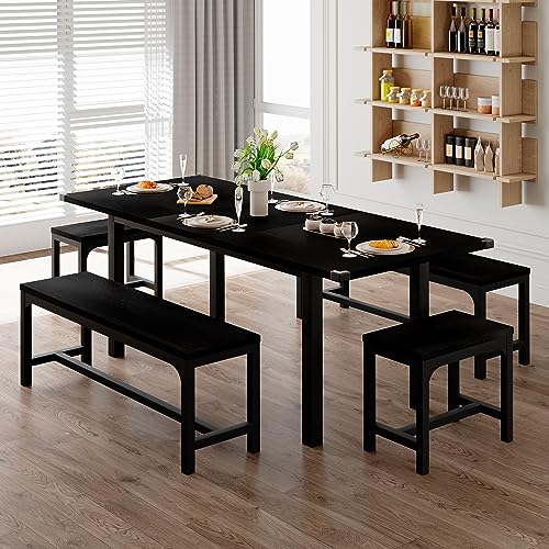 Feonase 5-Piece Dining Table Set for 4-8 People, 63' Large Extendable Kitchen Table Set with 2 Benches and 2 Square Stools, Dining Room Table with MDF Wood Board, Easy Assembly, Black