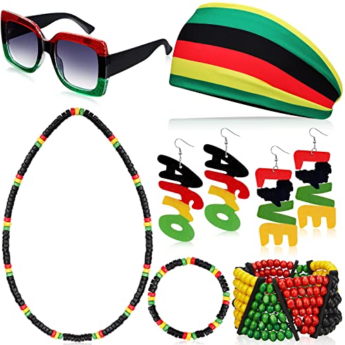 7 Pieces Jamaica Women's Jewelry Set Rasta Headband Oversized Square Sunglasses 2 Wood Dangle Earrings Jamaica Necklace Jamaica Bracelet Rasta Beaded Bracelet for Black Women Girls