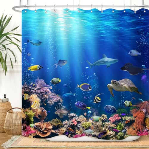 ZXMBF Ocean Underwater World Shower Curtain Colorful Tropical Fishes Turtle Coral in The Deep Sea Home Décor Waterproof Fabric 72Lx72W Inch Blue Plastic Hooks 12PCS
