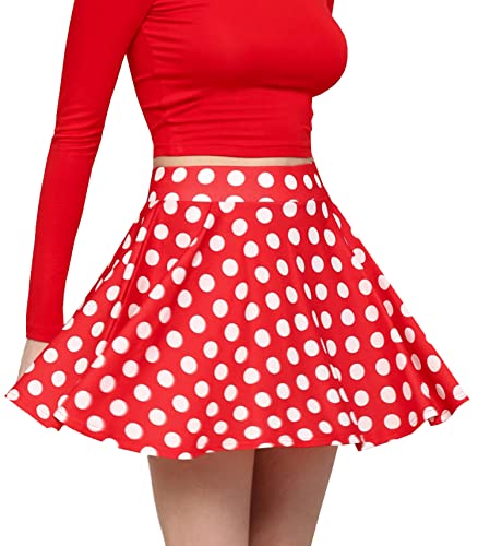 MBJ WB2382 Women's Casual Mini Flared Plain Pleated Skater Skirt with Shorts M RED_Polka