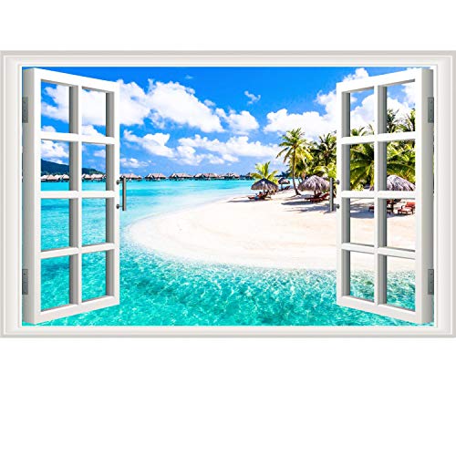 Fake Windows Wall Sticker Removable 3D Beach Seascape Faux Windows Wall Sticker Vinyl Self-Adhesive Beach Landscape Palm Tree Wall Mural Stickers for Bedroom Living Room Decoration