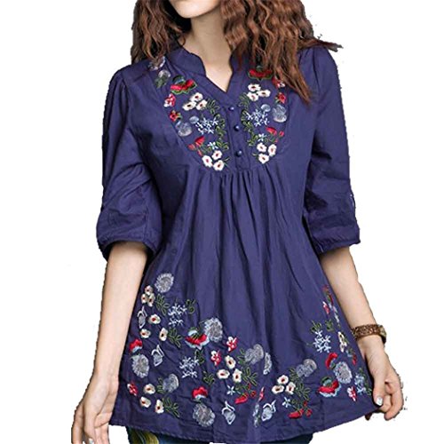 Kafeimali Women's Mexican Blouse Embroidered Peasant Dressy Tops 3/4 Sleeve Shirt (Navy Blue)